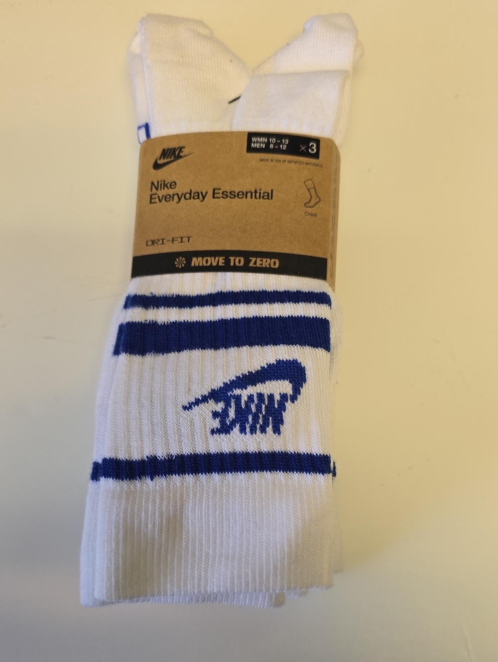 Nike White Crew Socks with Blue Logo and Stripes